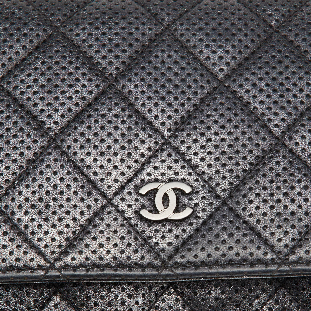 CHANEL Black/Silver Quilted Perforated Leather Classic Wallet on Chain