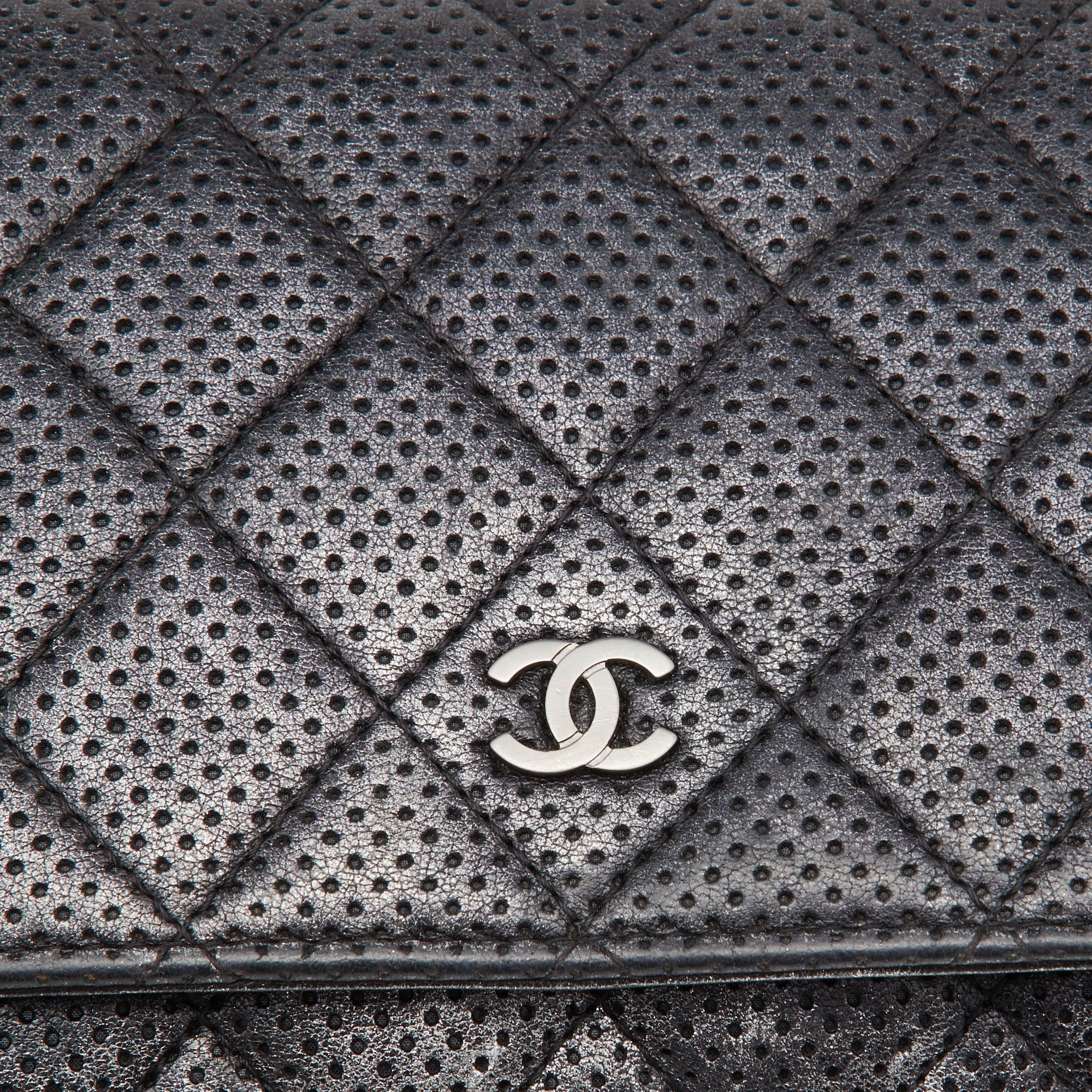 CHANEL Black/Silver Quilted Perforated Leather Classic Wallet on Chain