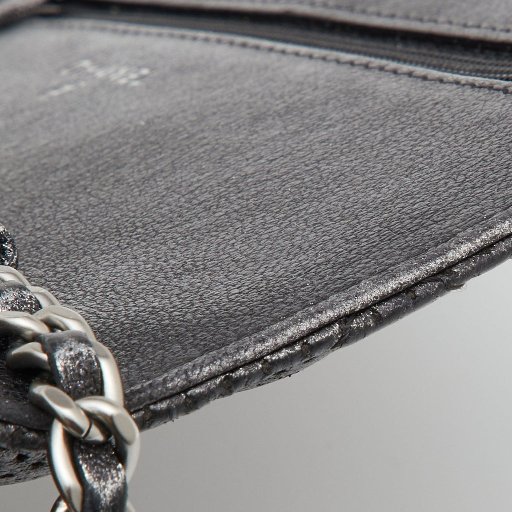 CHANEL Black/Silver Quilted Perforated Leather Classic Wallet on Chain