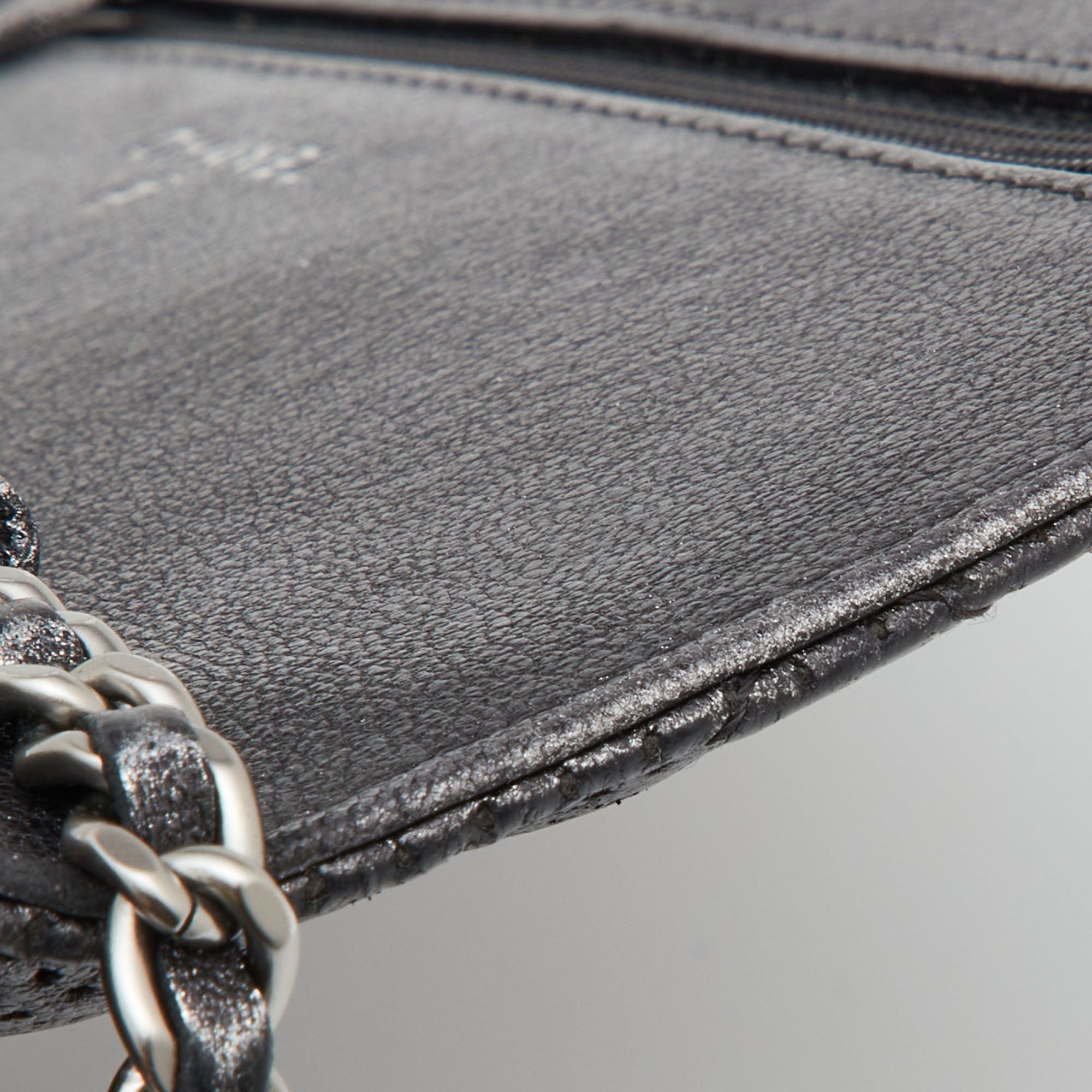 CHANEL Black/Silver Quilted Perforated Leather Classic Wallet on Chain