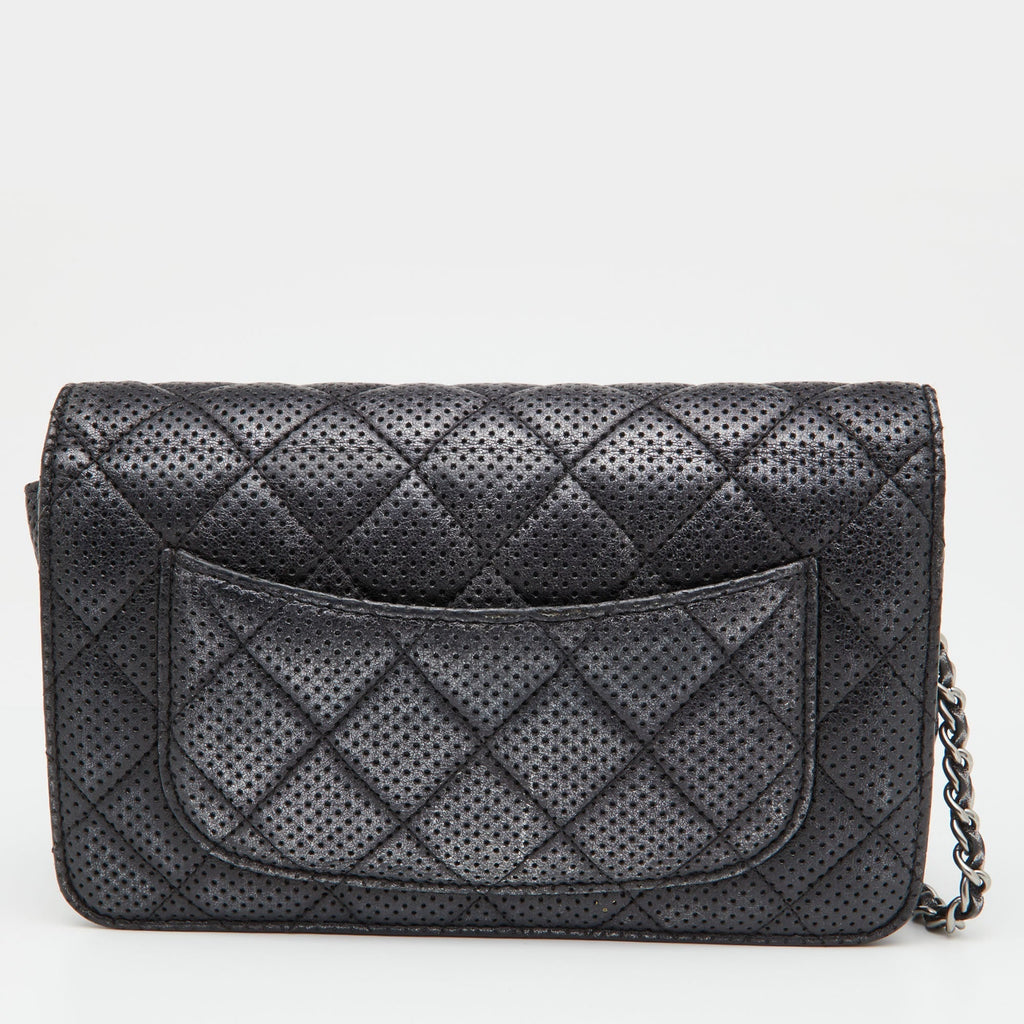 CHANEL Black/Silver Quilted Perforated Leather Classic Wallet on Chain
