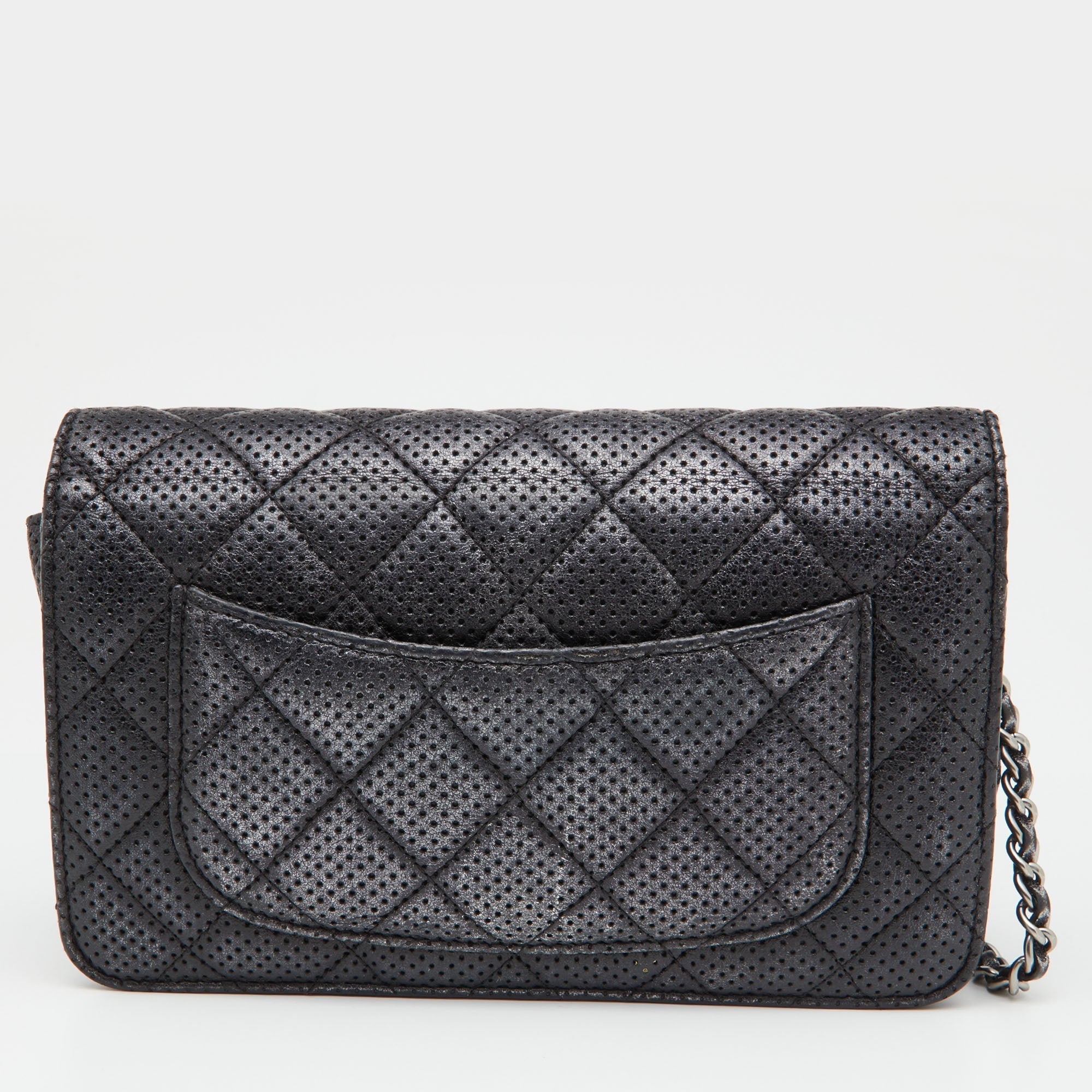 CHANEL Black/Silver Quilted Perforated Leather Classic Wallet on Chain