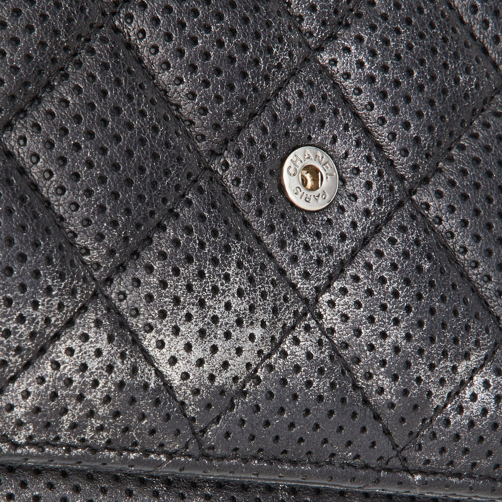 CHANEL Black/Silver Quilted Perforated Leather Classic Wallet on Chain