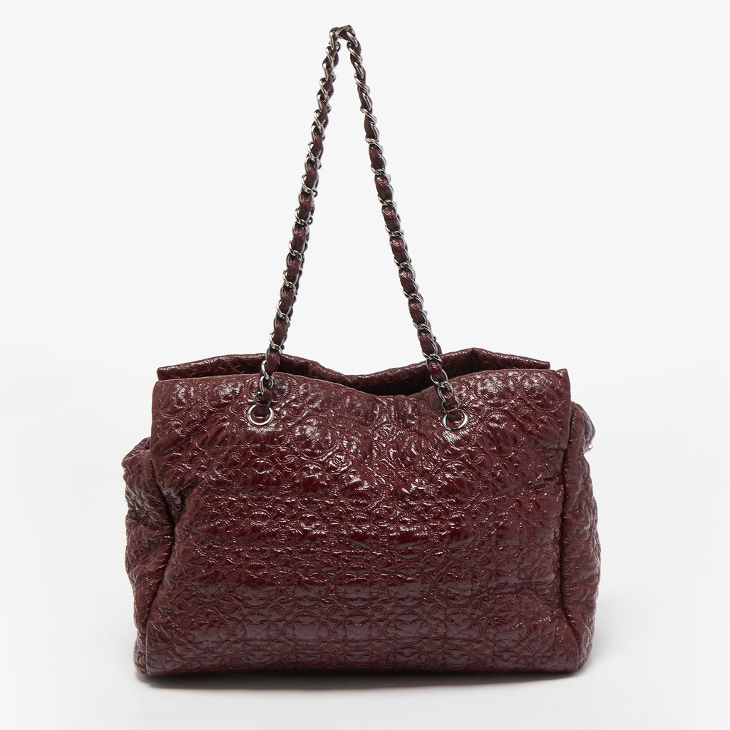 CHANEL Burgundy Camellia Embossed Patent Leather Shoulder Bag