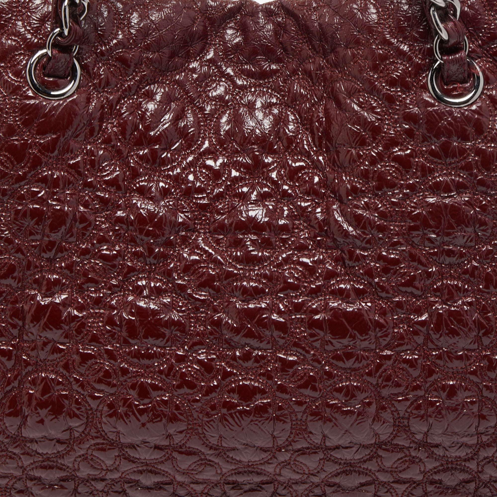 CHANEL Burgundy Camellia Embossed Patent Leather Shoulder Bag
