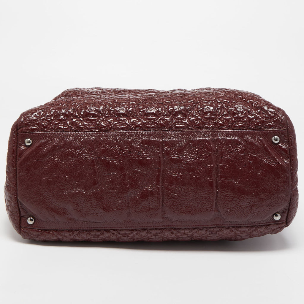 CHANEL Burgundy Camellia Embossed Patent Leather Shoulder Bag