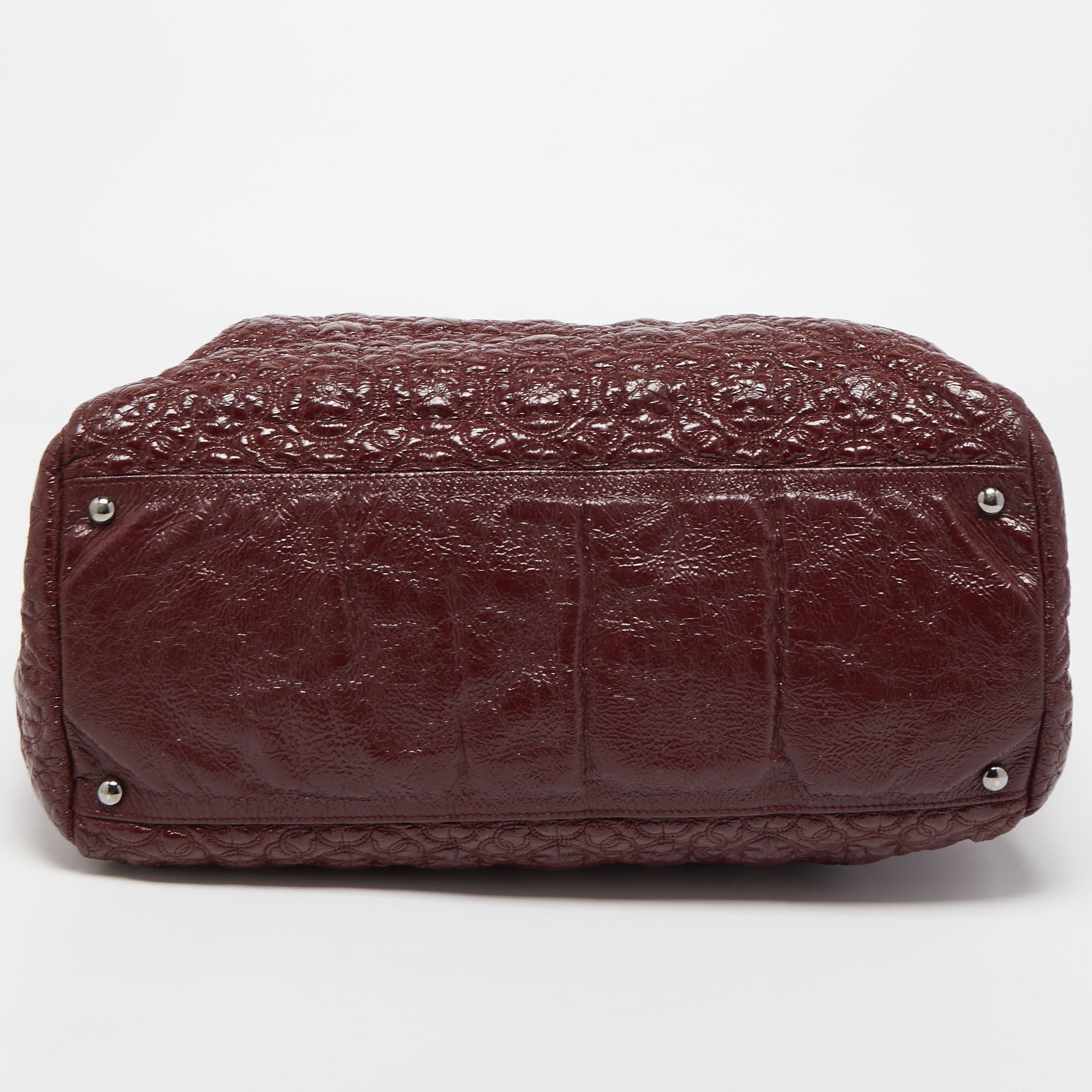 CHANEL Burgundy Camellia Embossed Patent Leather Shoulder Bag