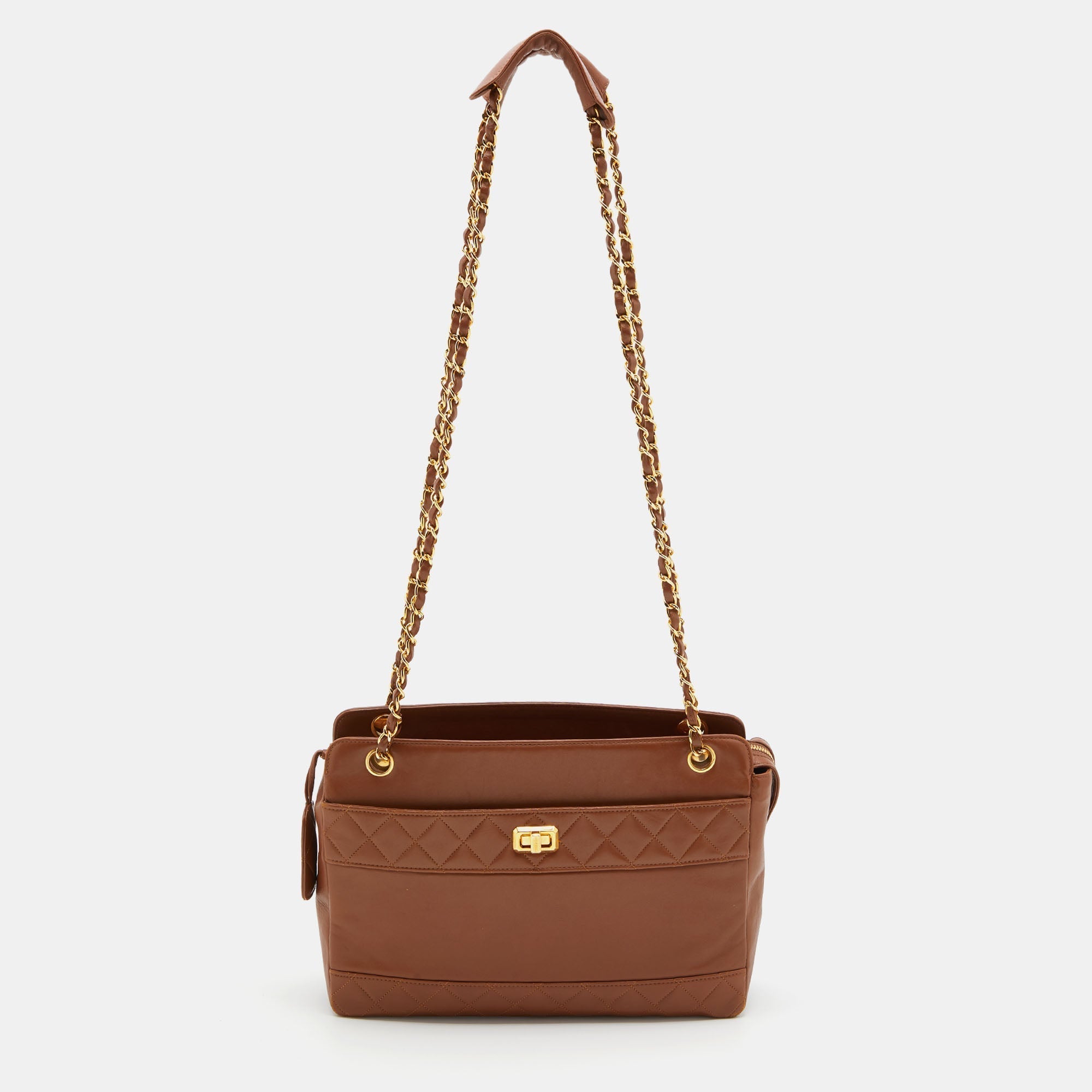 CHANEL Brown Quilted Leather Vintage Chain Tote