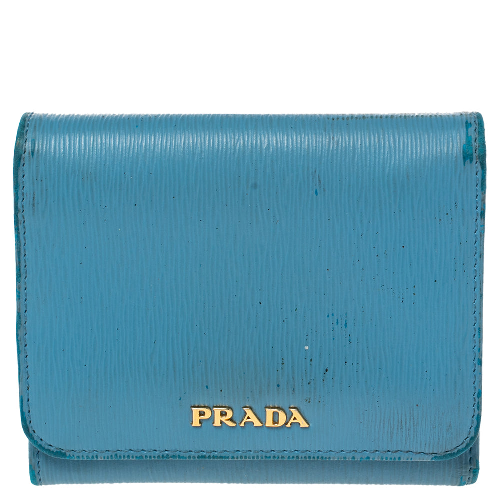 PRADA Blue Vittello Move Leather Trifold Wallet