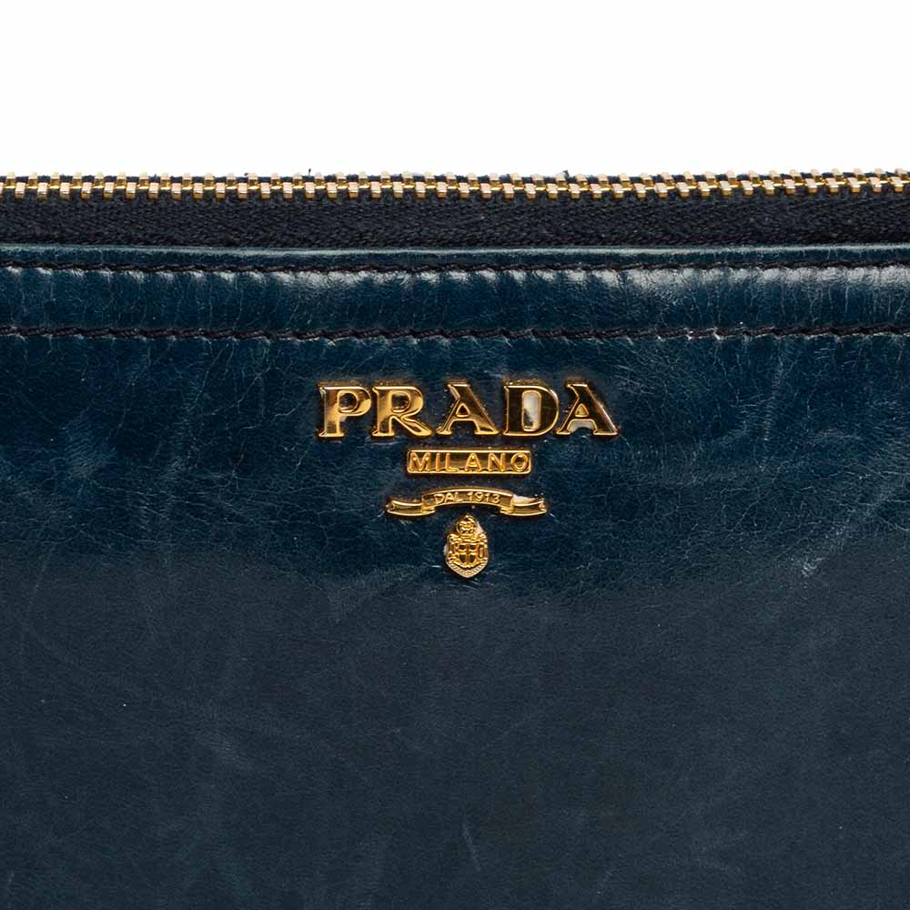 Prada Teal Blue Crinkled Leather Zip Around Continental Wallet