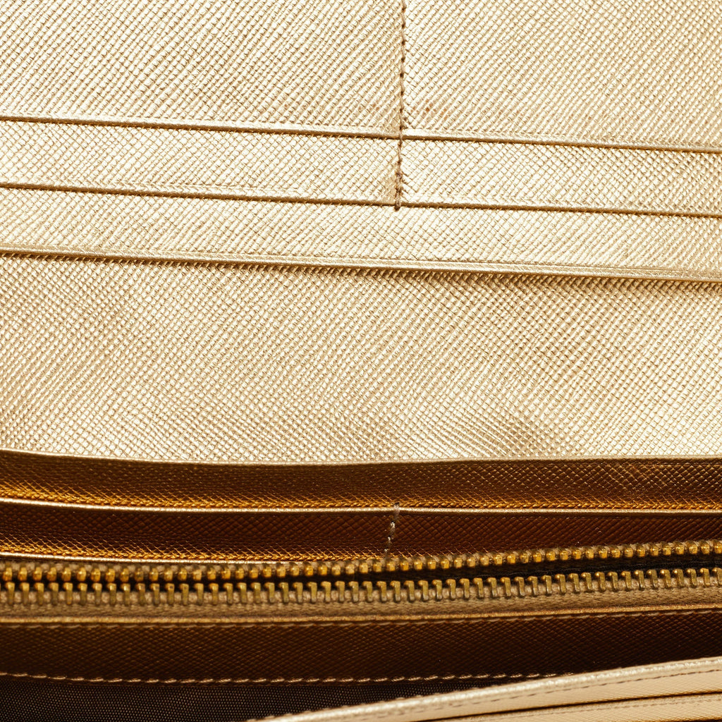 Prada Gold Saffiano Metal Leather Logo Flap Continental Wallet