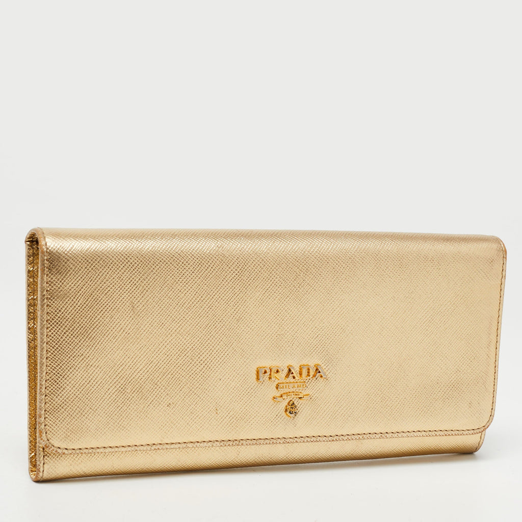 Prada Gold Saffiano Metal Leather Logo Flap Continental Wallet