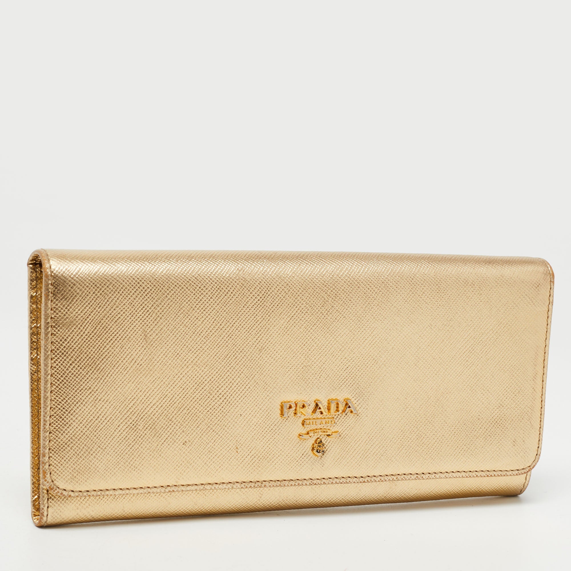 Prada Gold Saffiano Metal Leather Logo Flap Continental Wallet