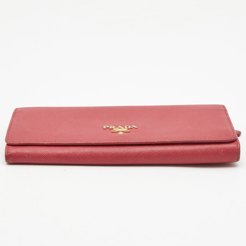 PRADA Dark Pink Saffiano Metal Leather Logo Flap Continental Wallet