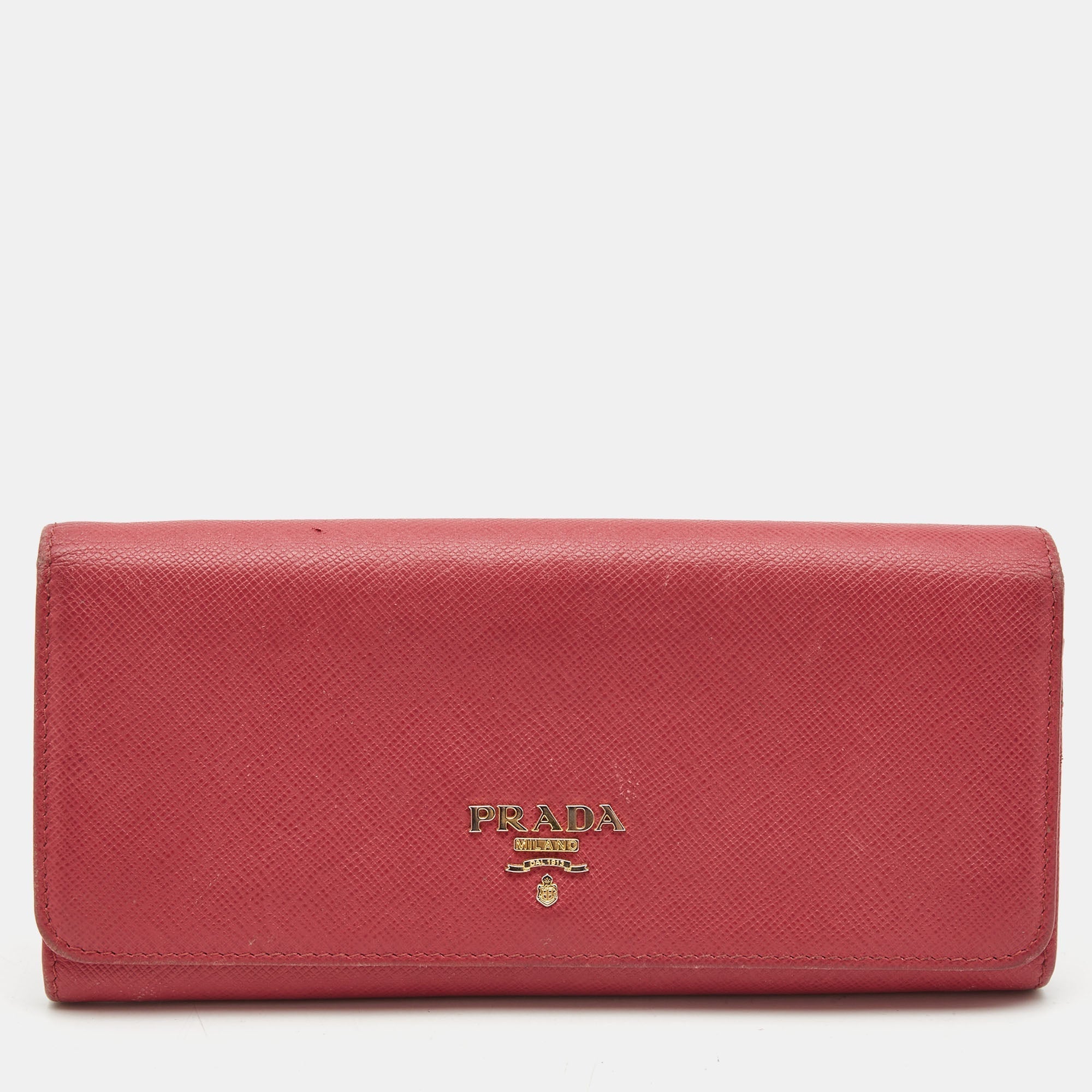 PRADA Dark Pink Saffiano Metal Leather Logo Flap Continental Wallet