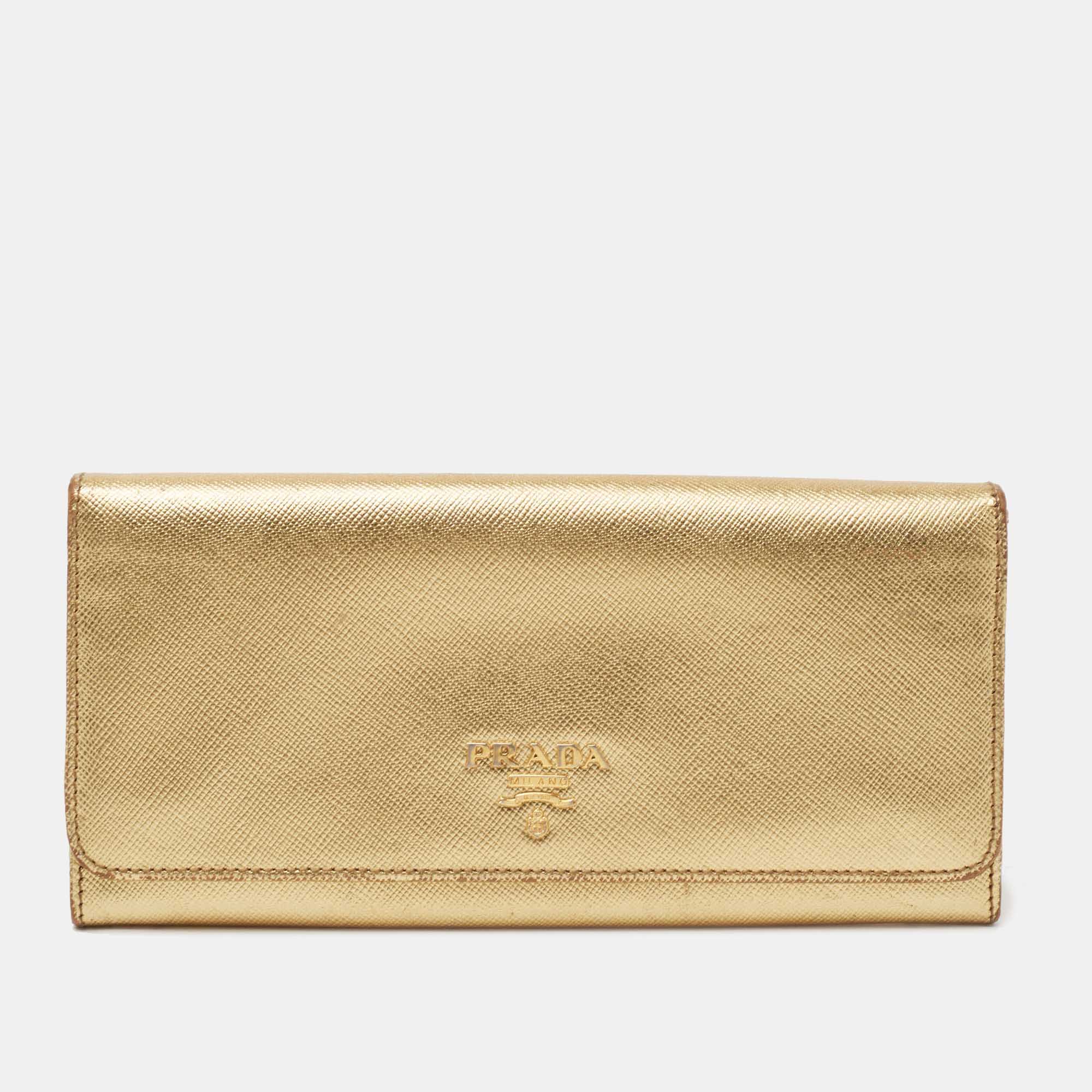 PRADA Gold Saffiano Lux Leather Logo Flap Continental Wallet