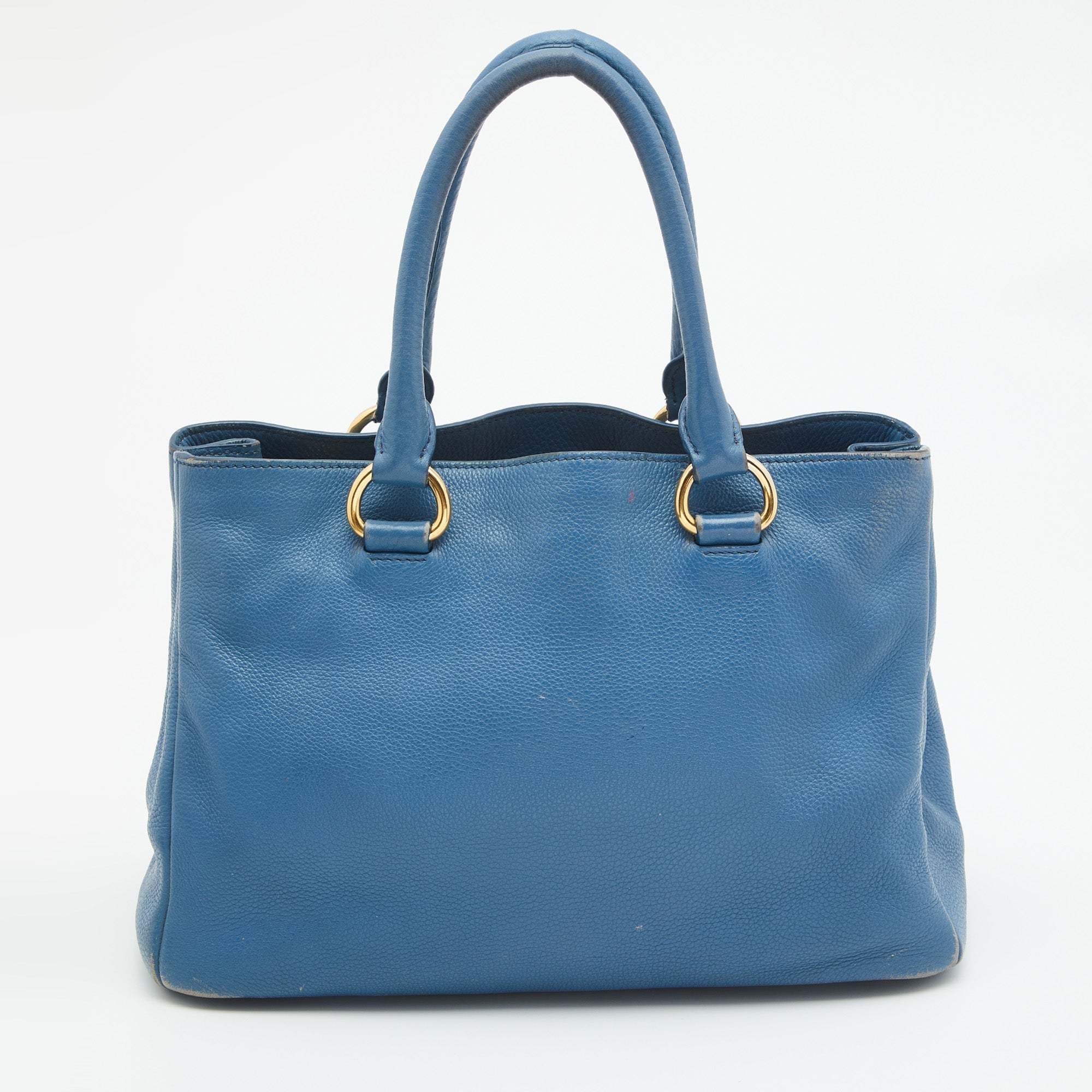 PRADA Blue Vitello Daino Leather Medium Tote