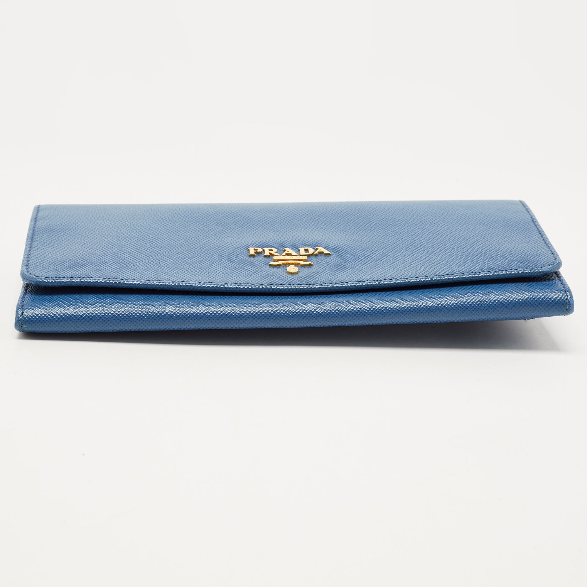 PRADA Blue Saffiano Leather Logo Flap Continental Wallet