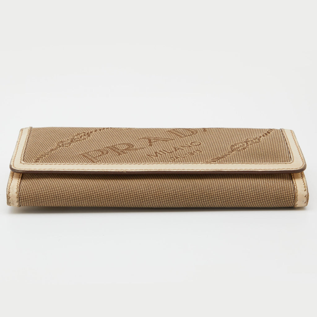 PRADA Beige Jacquard Logo Canvas and Leather Flap Continental Wallet