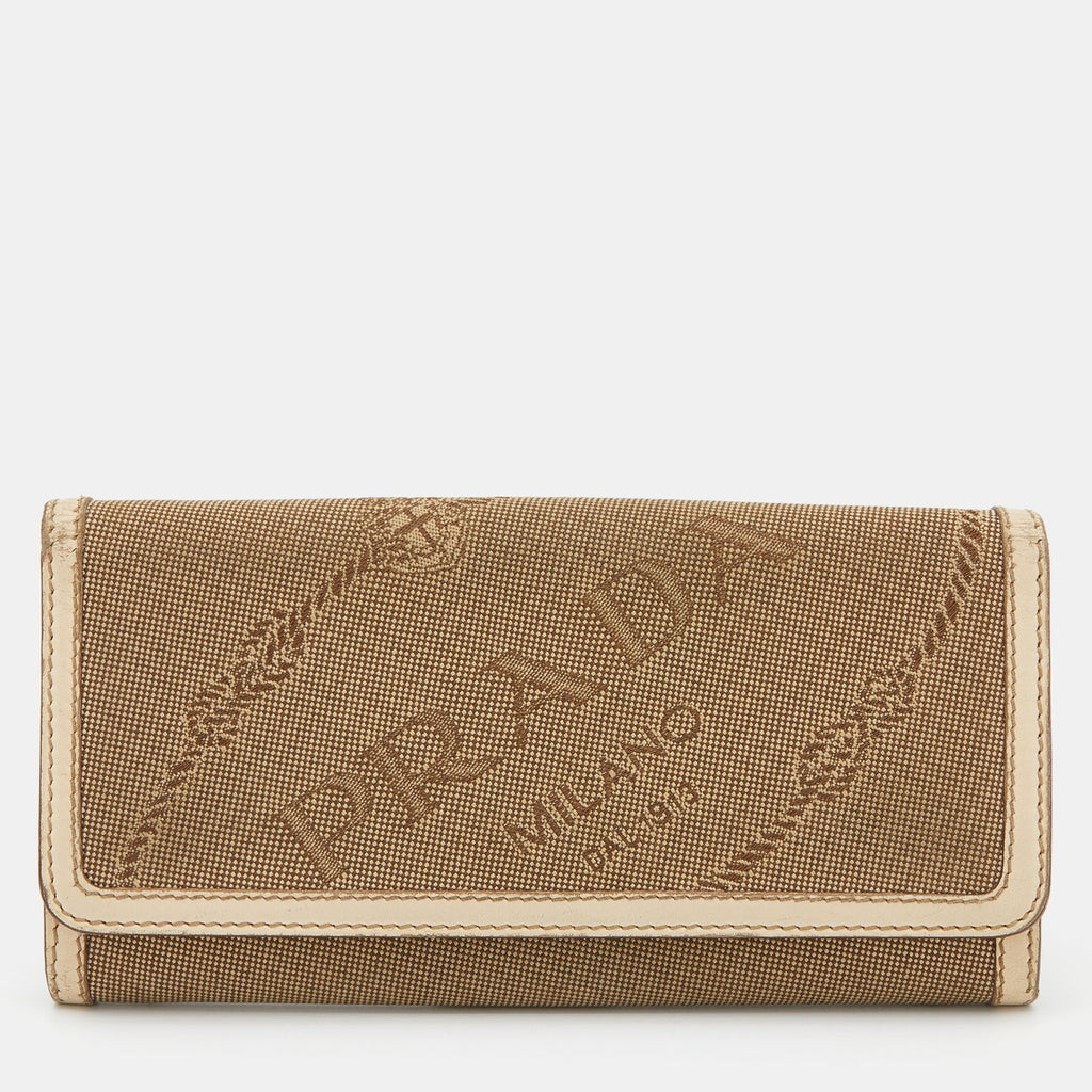 PRADA Beige Jacquard Logo Canvas and Leather Flap Continental Wallet