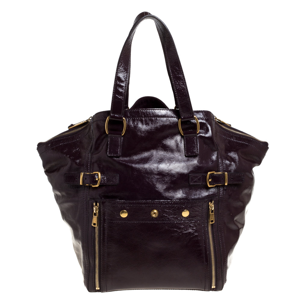 YVES SAINT LAURENT Purple Patent Leather Large Floral Applique Downtown Tote