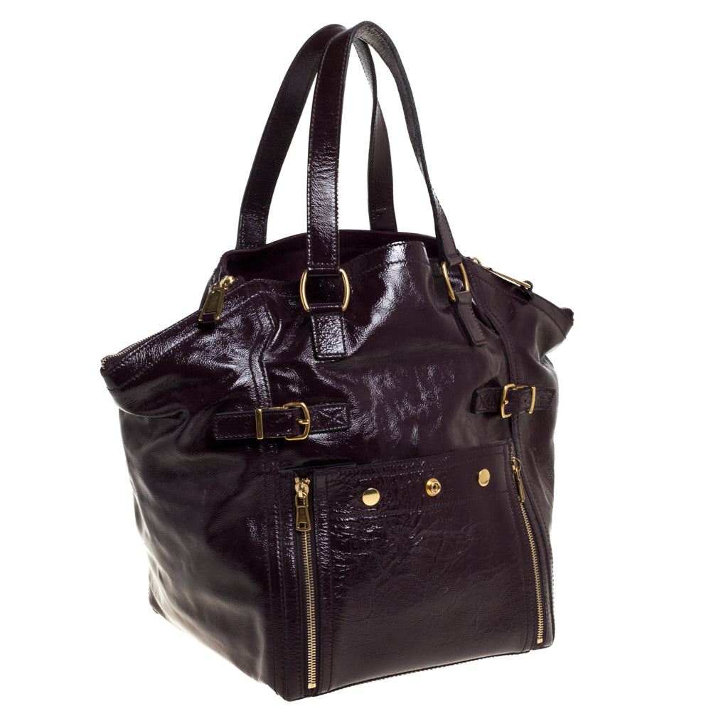 YVES SAINT LAURENT Purple Patent Leather Large Floral Applique Downtown Tote