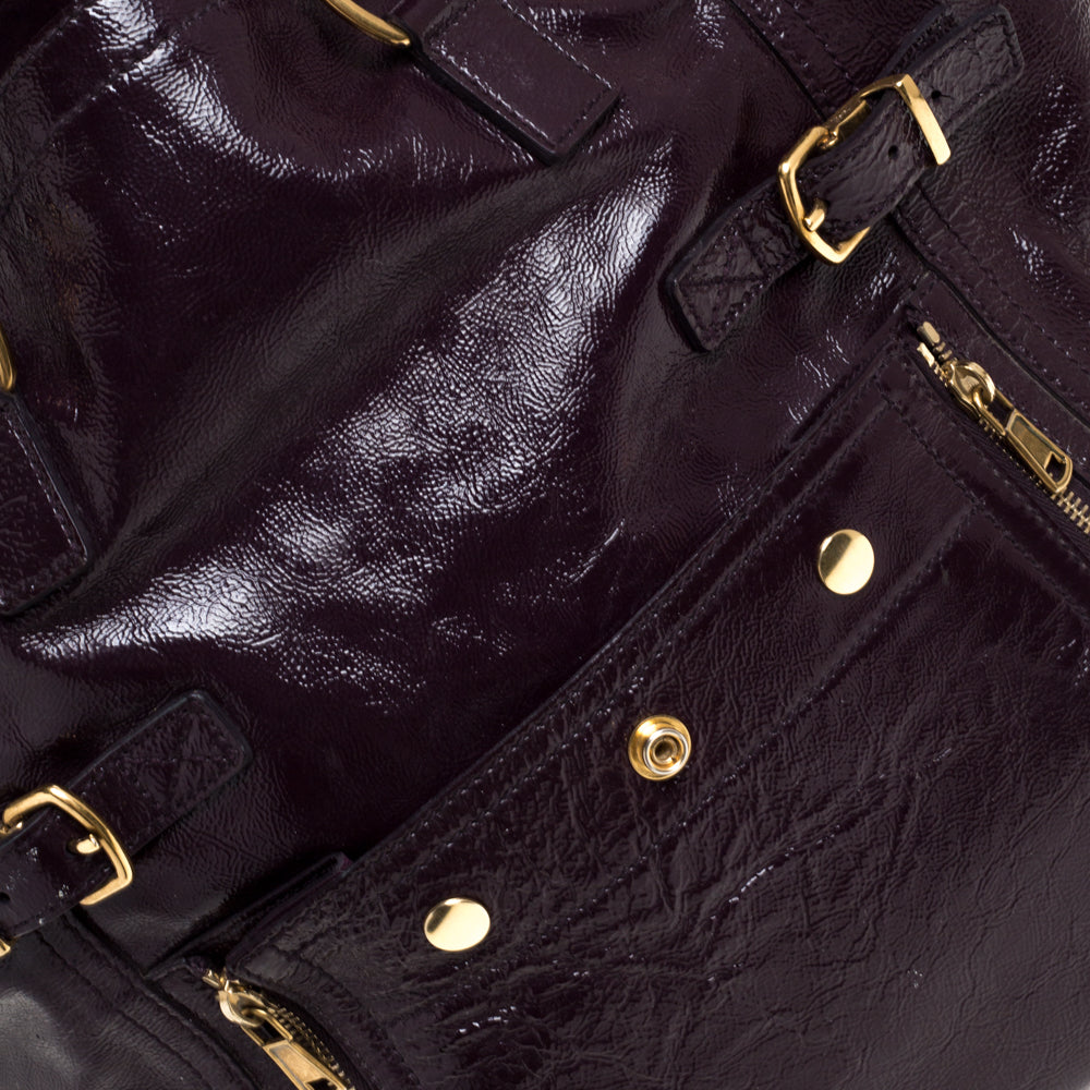 YVES SAINT LAURENT Purple Patent Leather Large Floral Applique Downtown Tote