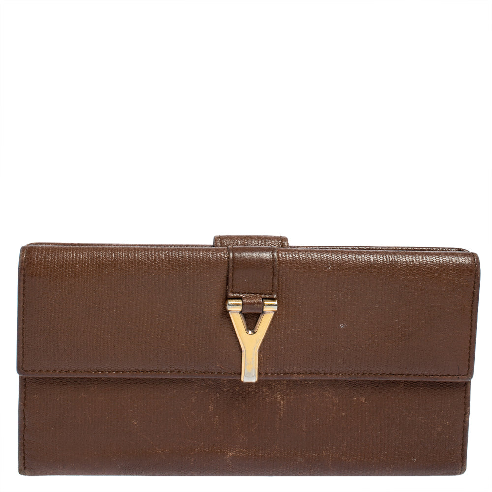 YVES SAINT LAURENT Brown Leather Y Ligne Flap Continental Wallet