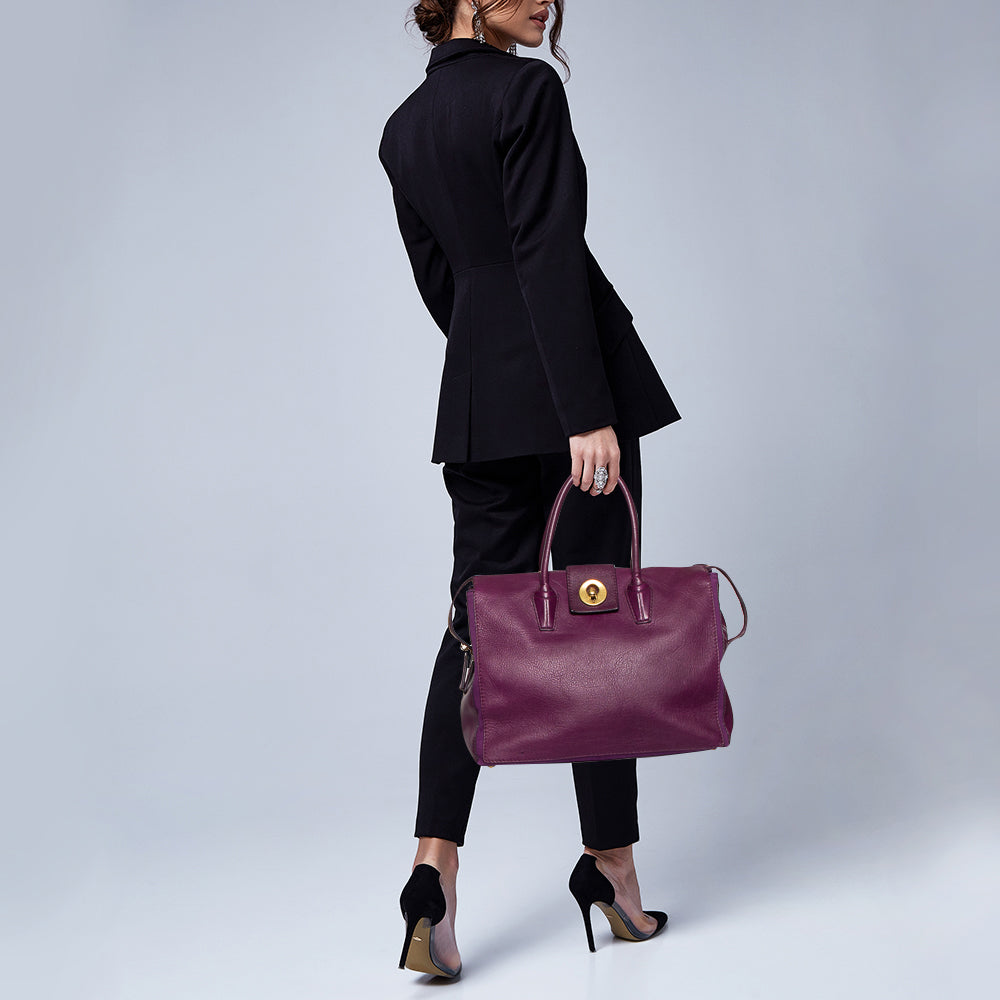 YVES SAINT LAURENT Purple Leather and Canvas Cabas Muse Two Tote