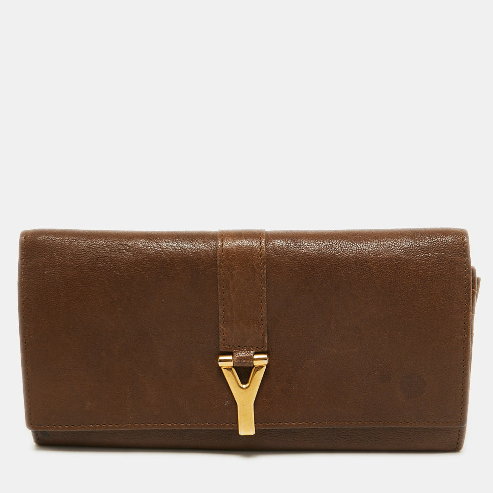 YVES SAINT LAURENT Brown Leather Y Line Flap Continental Wallet