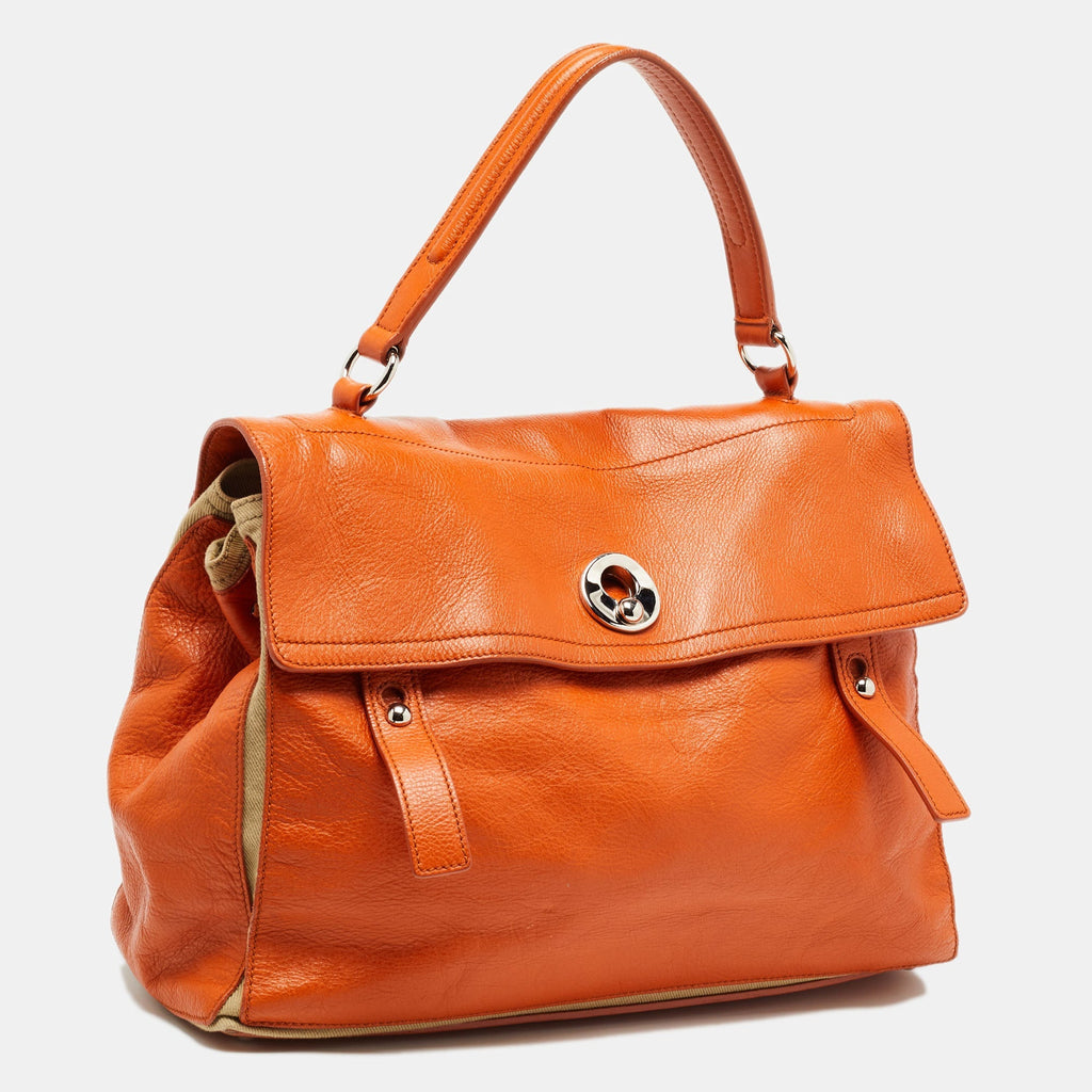 YVES SAINT LAURENT Orange/Beige Leather and Canvas Muse Two Top Handle Bag