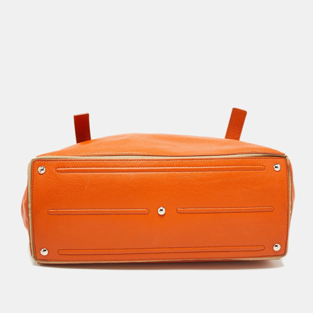 YVES SAINT LAURENT Orange/Beige Leather and Canvas Muse Two Top Handle Bag