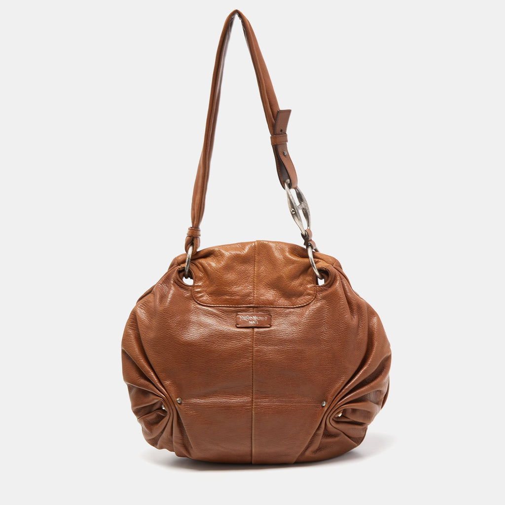YVES SAINT LAURENT Brown Leather Pleated Hobo