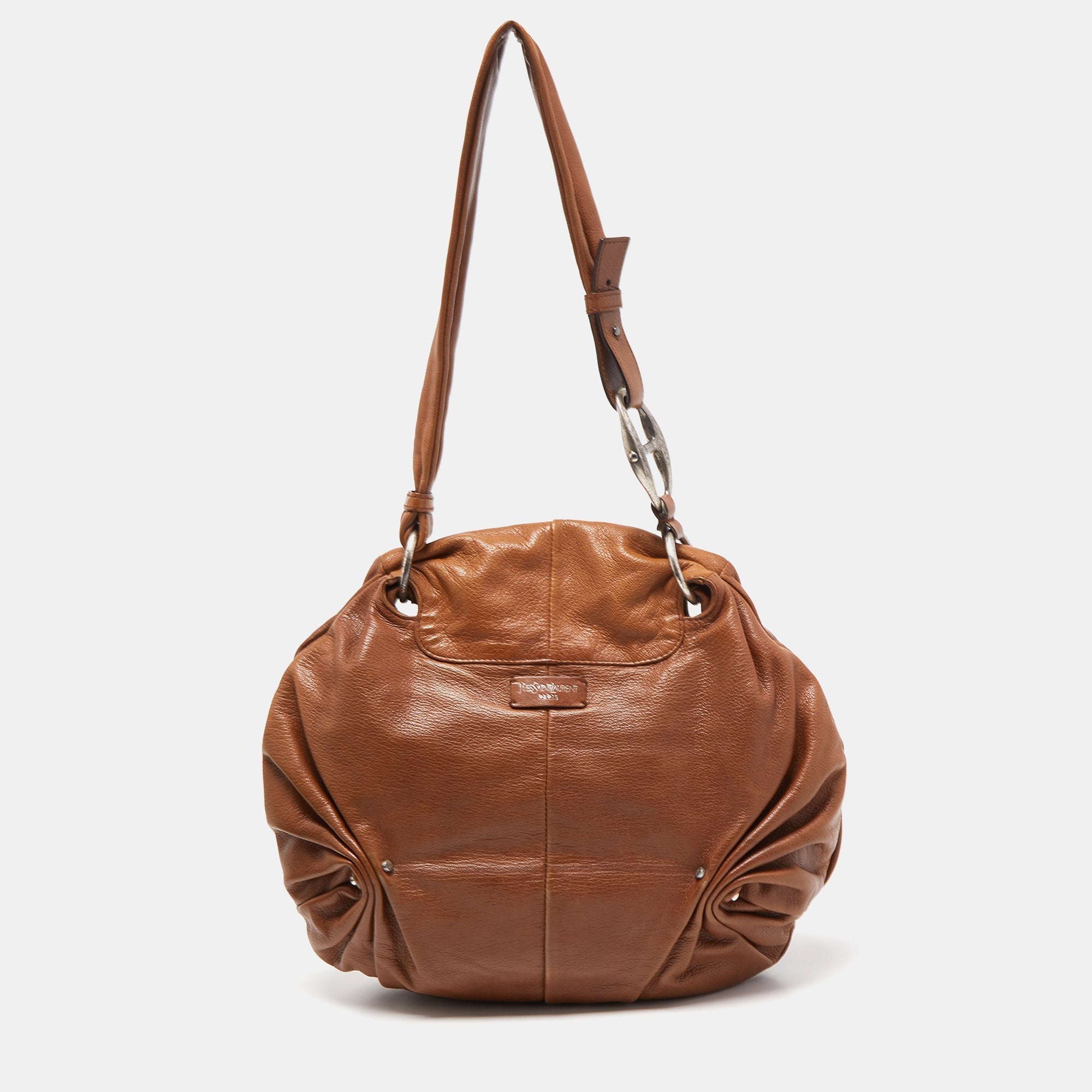 YVES SAINT LAURENT Brown Leather Pleated Hobo