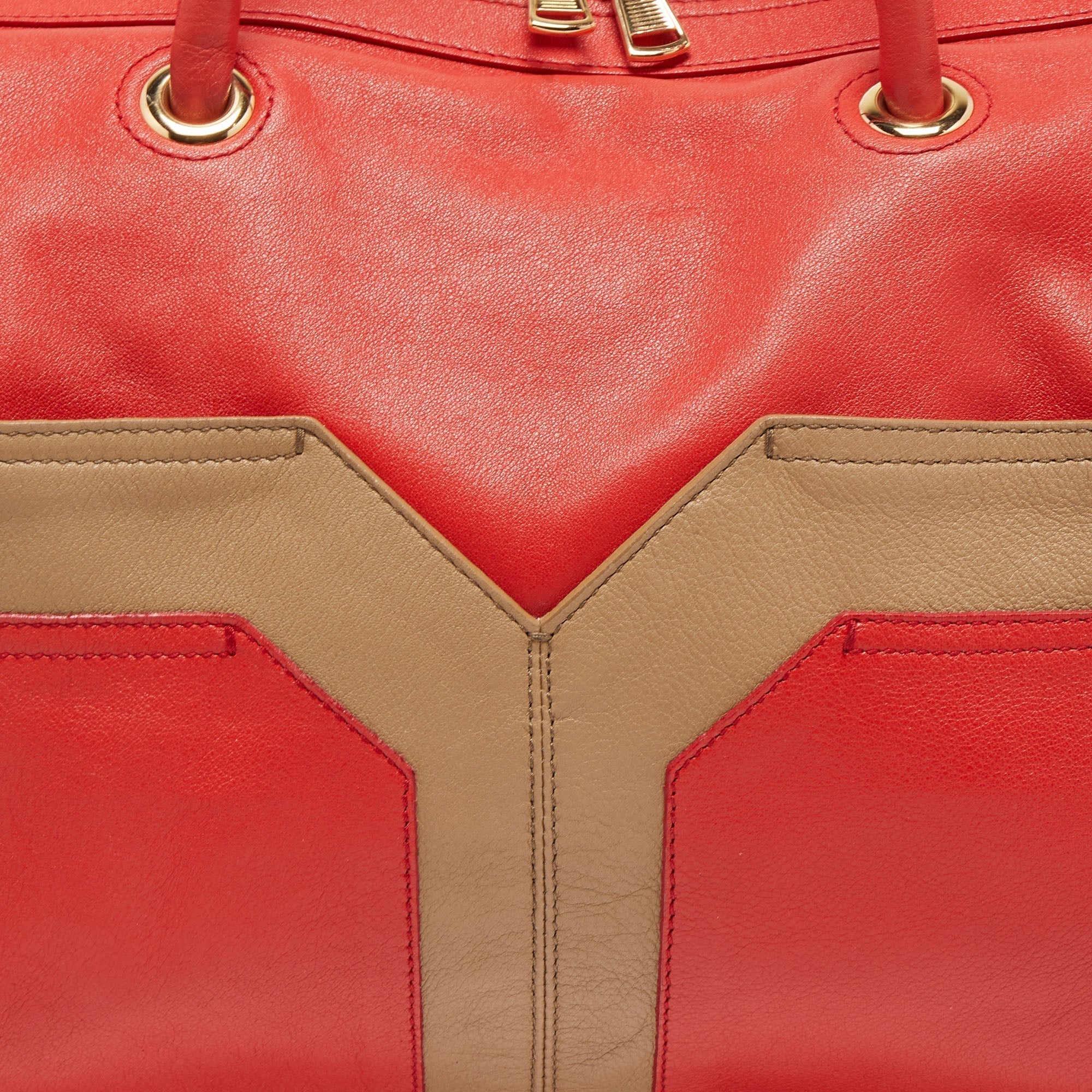 YVES SAINT LAURENT Red/Beige Leather Lucky Chyc Bowler Bag