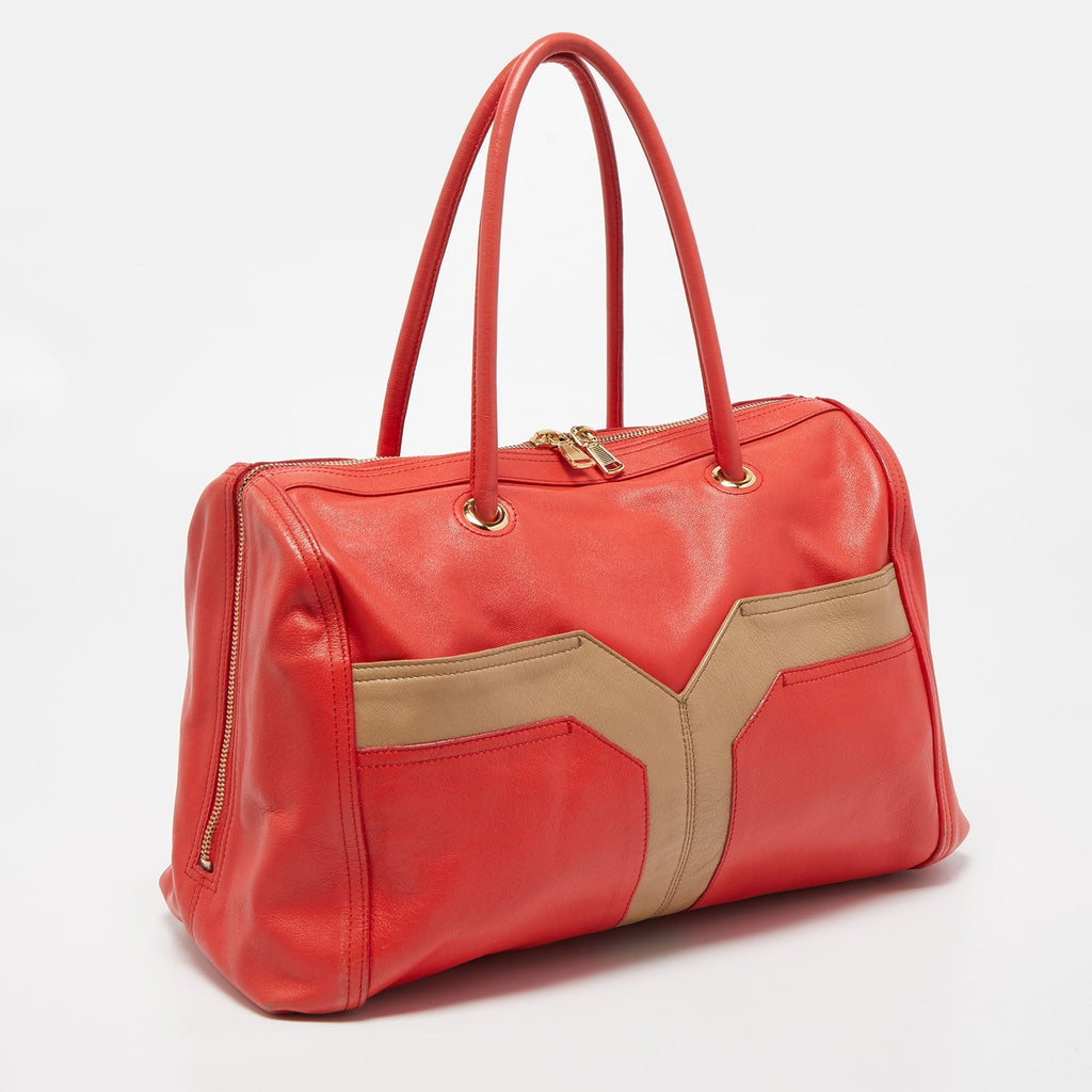 YVES SAINT LAURENT Red/Beige Leather Lucky Chyc Bowler Bag
