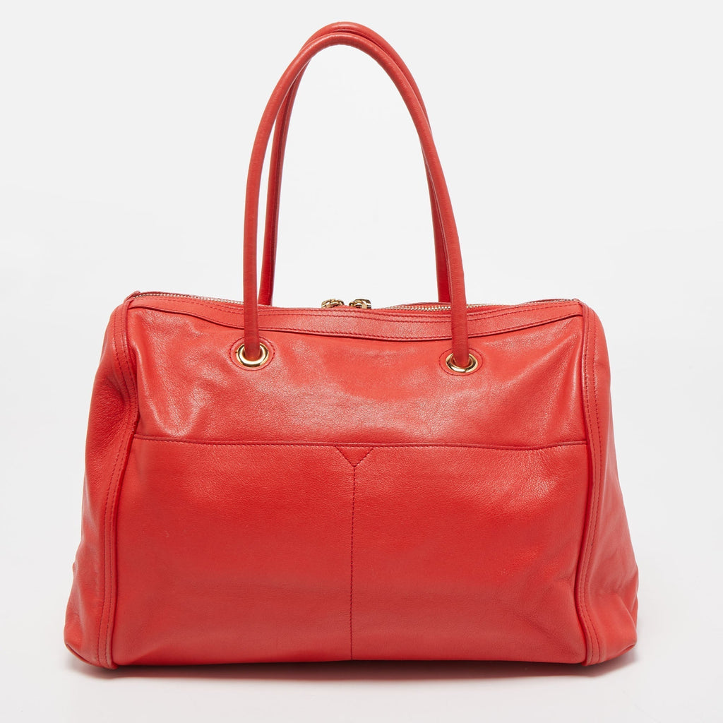 YVES SAINT LAURENT Red/Beige Leather Lucky Chyc Bowler Bag