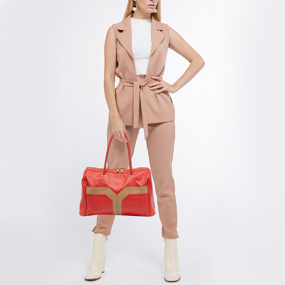YVES SAINT LAURENT Red/Beige Leather Lucky Chyc Bowler Bag