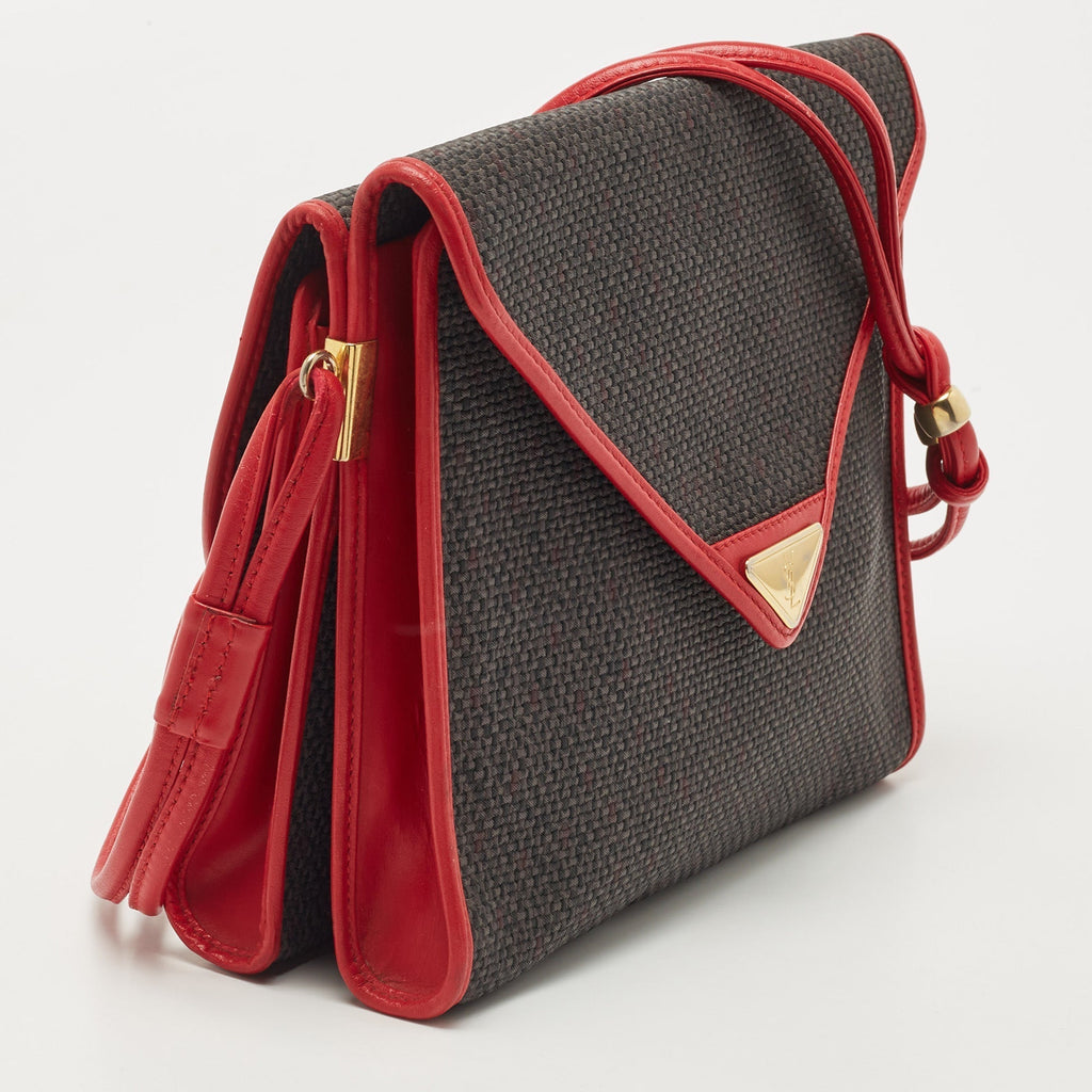 YVES SAINT LAURENT Red/Grey Woven Coated Canvas and Leather Double Flap Crossbody Bag