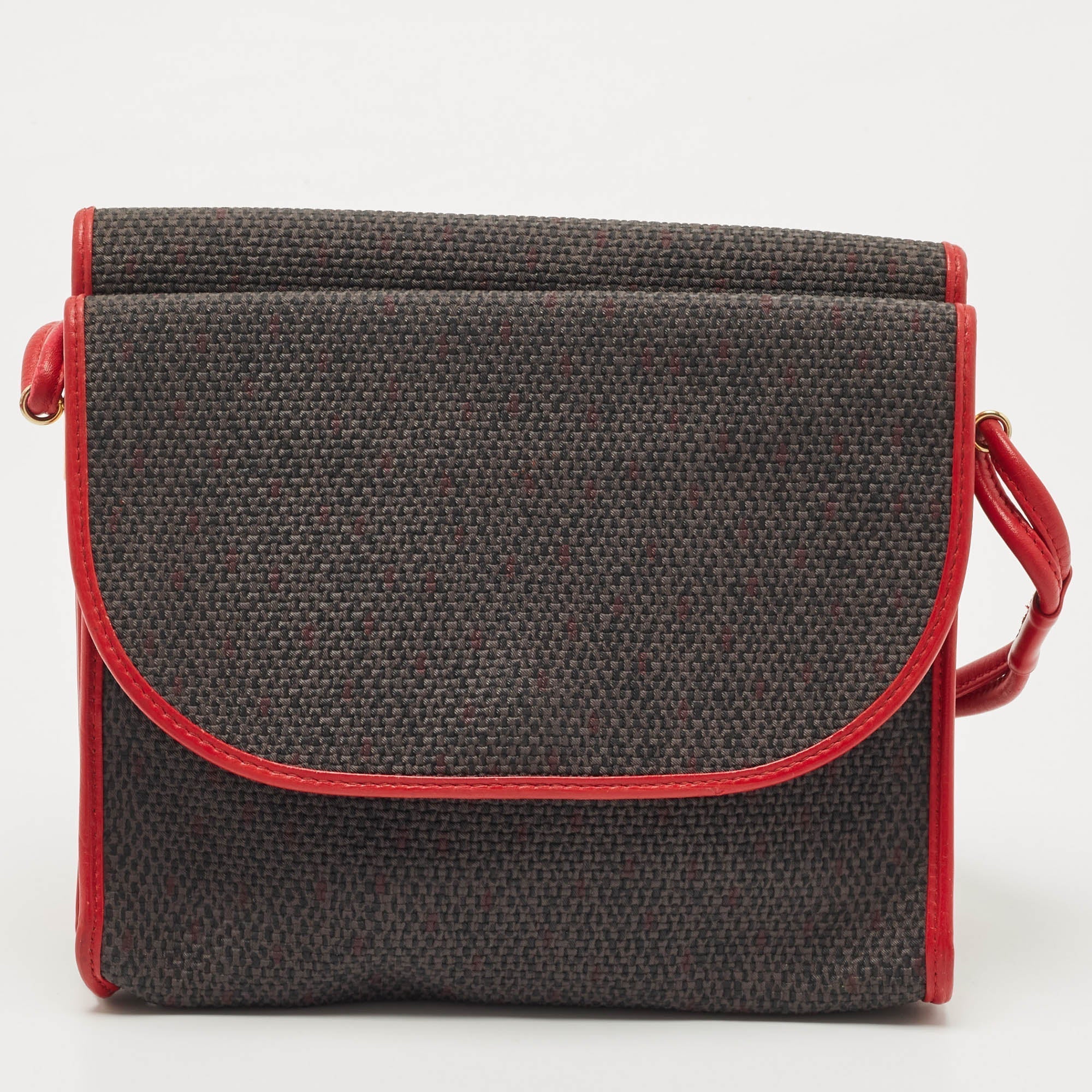 YVES SAINT LAURENT Red/Grey Woven Coated Canvas and Leather Double Flap Crossbody Bag