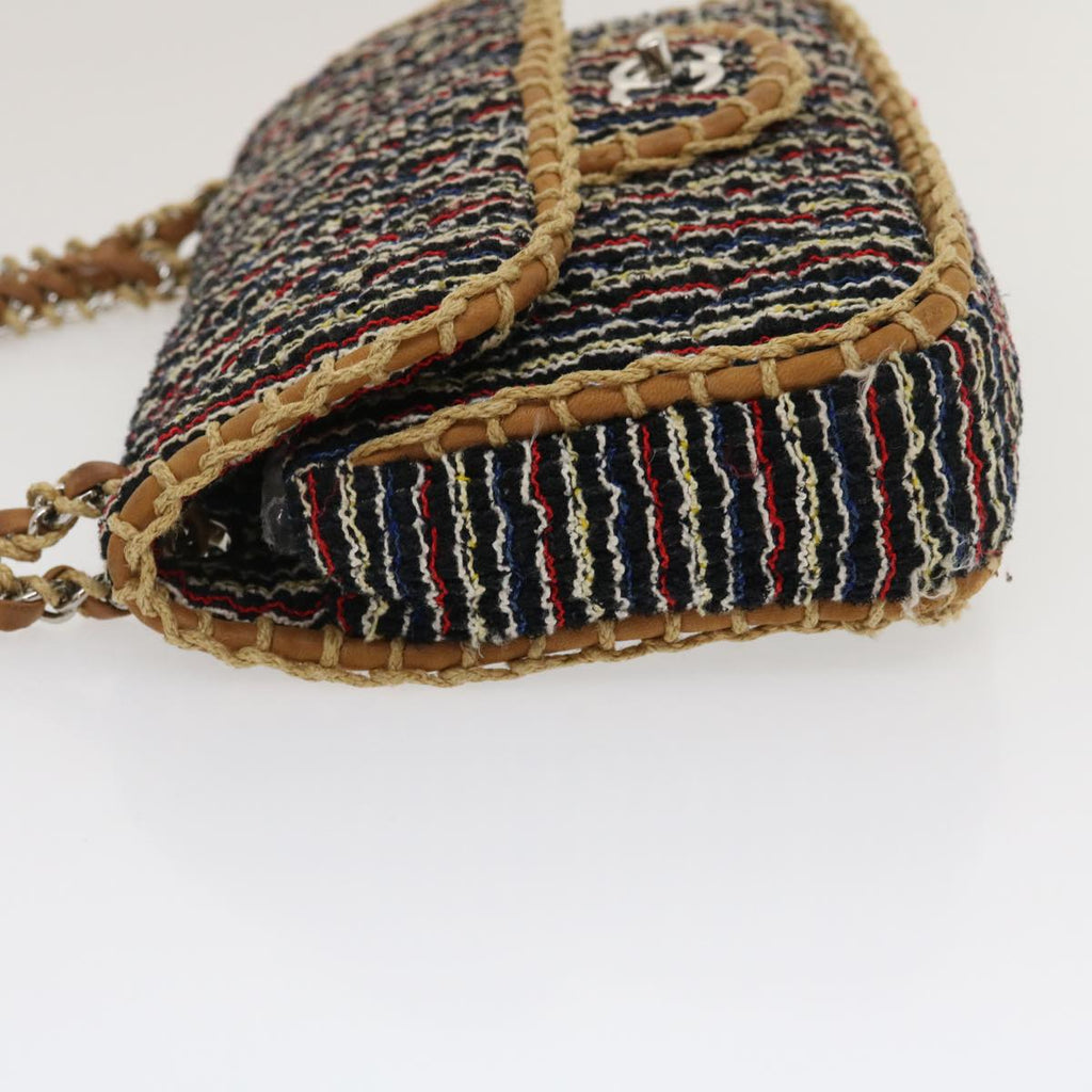 CHANEL Matelasse Tweed Turn Lock Chain Shoulder Bag Navy Brown CC  nh616A