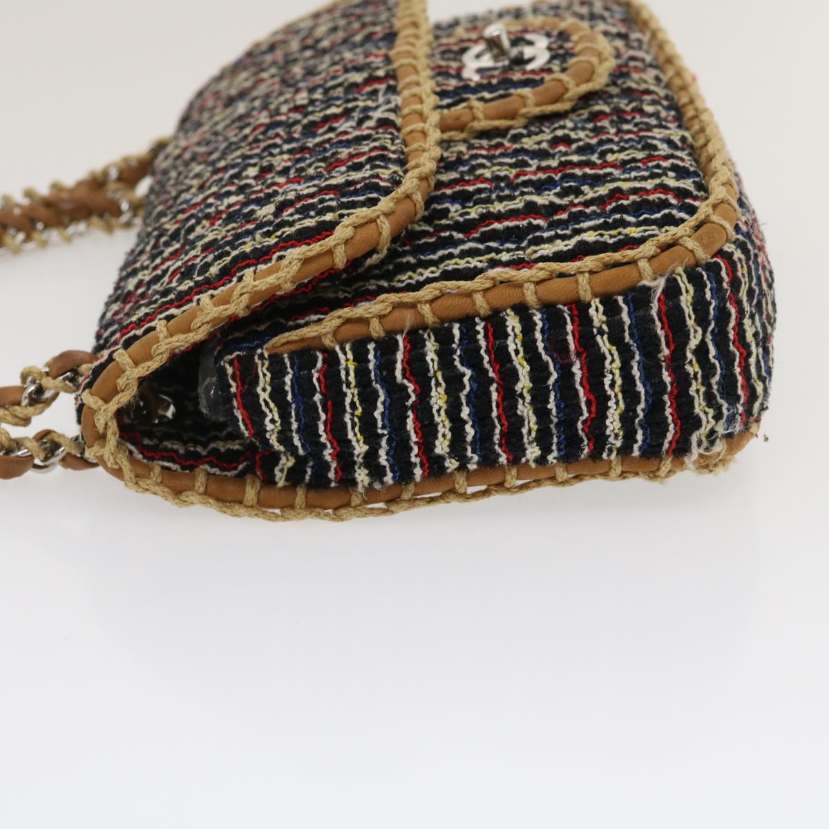 CHANEL Matelasse Tweed Turn Lock Chain Shoulder Bag Navy Brown CC  nh616A