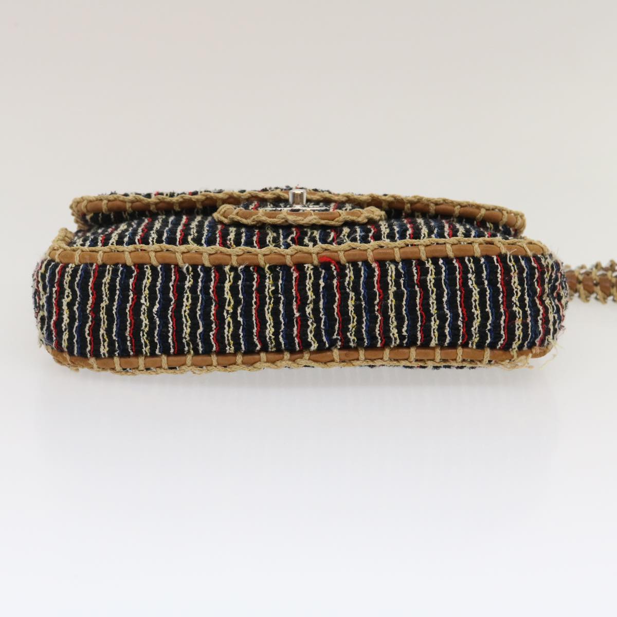 CHANEL Matelasse Tweed Turn Lock Chain Shoulder Bag Navy Brown CC  nh616A