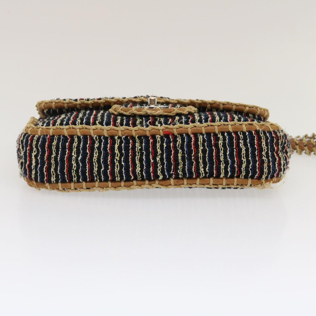 CHANEL Matelasse Tweed Turn Lock Chain Shoulder Bag Navy Brown CC Auth nh616A