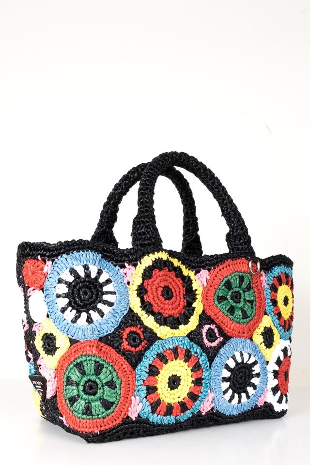 Prada Black and Woven Multicolor Straw Tote