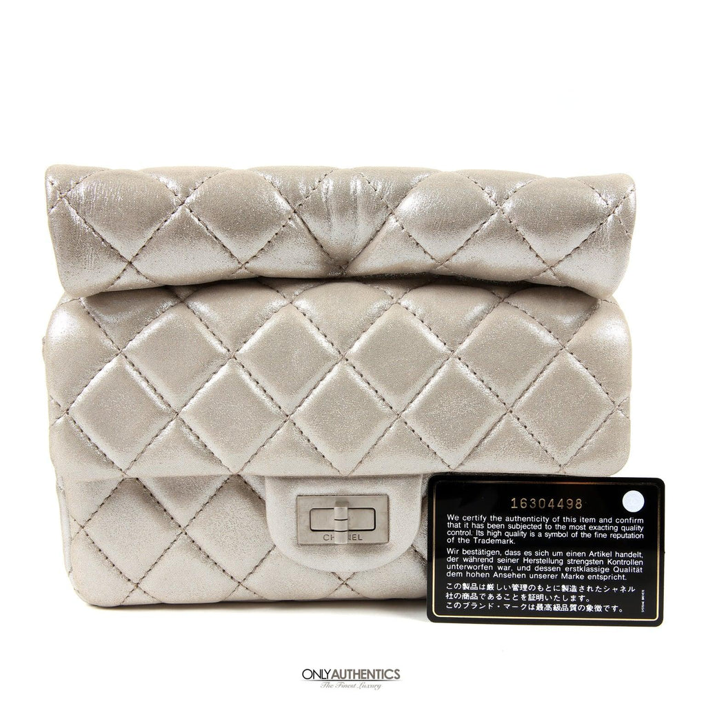 Chanel Silver Gold Leather Roll Handle Reissue Clutch