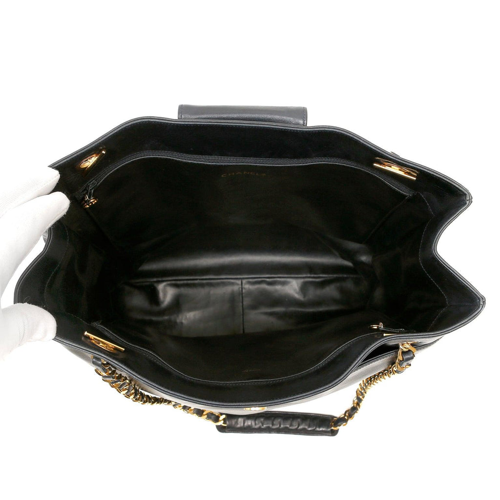 Chanel Vintage Navy Blue Lambskin Tote with Gold Hardware