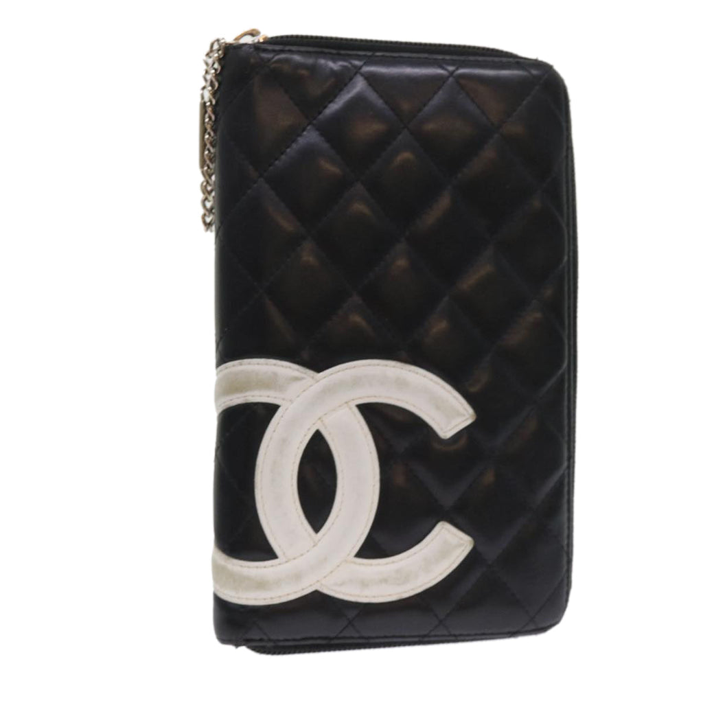 CHANEL Cambon Line Long Wallet Lamb Skin Black CC  th3796