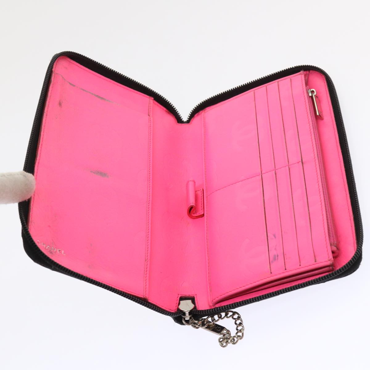 CHANEL Cambon Line Long Wallet Lamb Skin Black CC  th3796