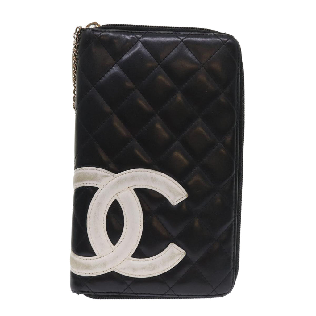 CHANEL Cambon Line Long Wallet Lamb Skin Black CC  th3796